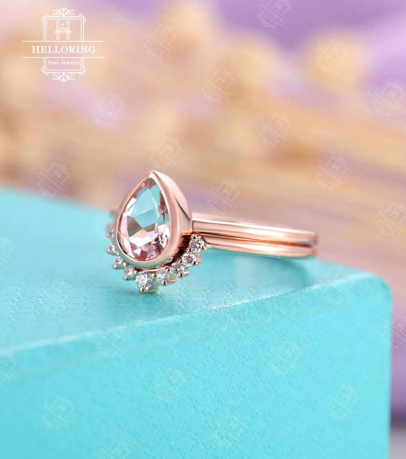 Morganite Engagement Ring set Vintage Rose Gold Diamond curved Wedding band Women Pear Shaped bezel set Stacking Anniversary ring image 4