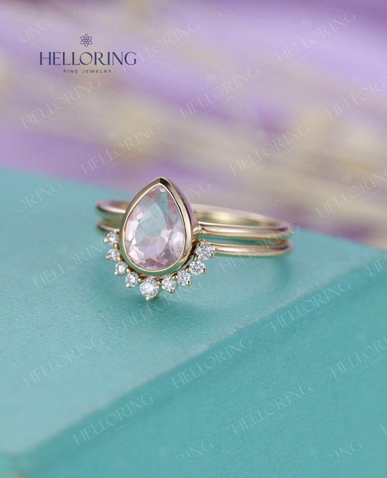 Rose Quartz Engagement Ring set Rose Gold engagement ring Vintage Diamond Wedding ring set Bridal ring Pear cut Stacking Promise ring image 6