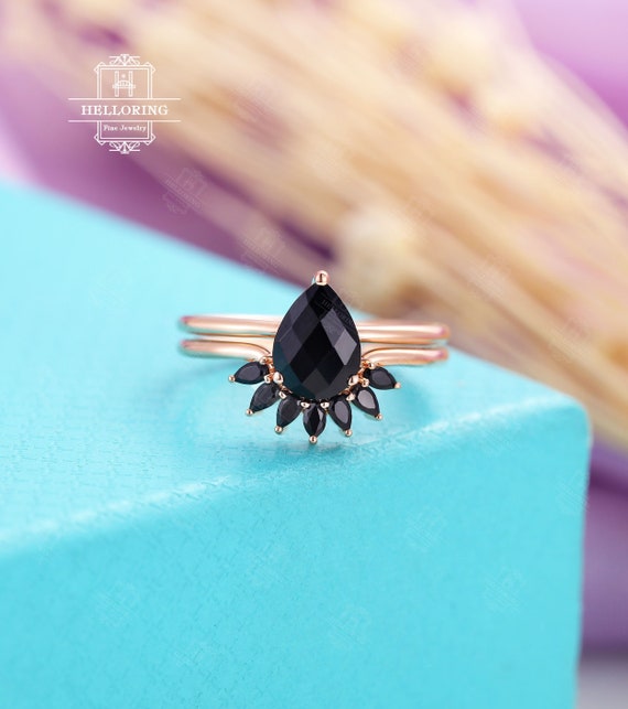 Pear Cut Black Onyx Engagement Ring Black Onyx Wedding Band Rose Gold Bridal Art Deco Matching Stacking Unique Promise Anniversary Ring Etsy