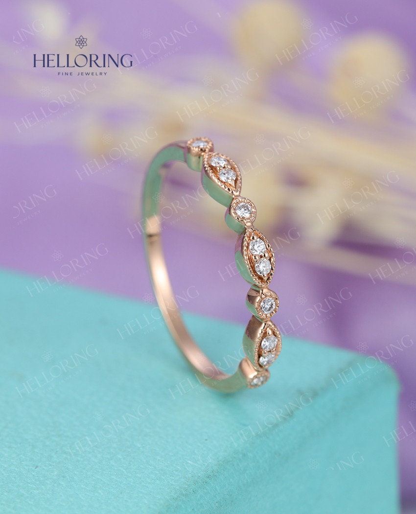 Stacking Ring Vintage Diamond Wedding Band Rose Gold Art Deco | Etsy