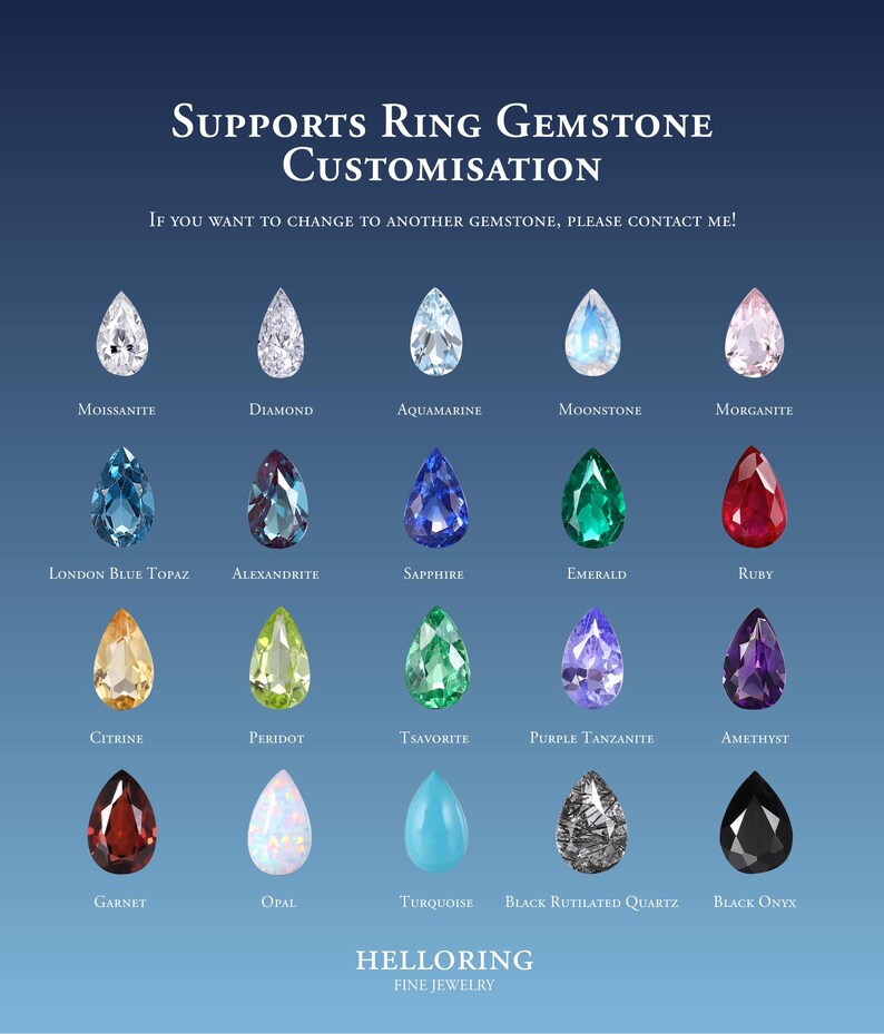 May include: Chart of 16 different gemstone options for a ring, including moissanite, diamond, aquamarine, moonstone, morganite, London blue topaz, alexandrite, sapphire, emerald, ruby, citrine, peridot, tsavorite, purple tanzanite, amethyst, garnet, opal, turquoise, black rutilated quartz, and black onyx. The text "SUPPORTS RING GEMSTONE CUSTOMISATION" and "IF YOU WANT TO CHANGE TO ANOTHER GEMSTONE, PLEASE CONTACT ME!" is at the top of the chart. The text "HELLORING FINE JEWELRY" is at the bottom of the chart.