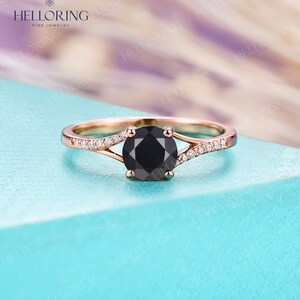 Vintage Round Cut Black Onyx Engagement Ring Set Rose Gold Pear Cut Moissanite Curved Wedding Band Unique Cluster Pave Ring Promise Ring image 8