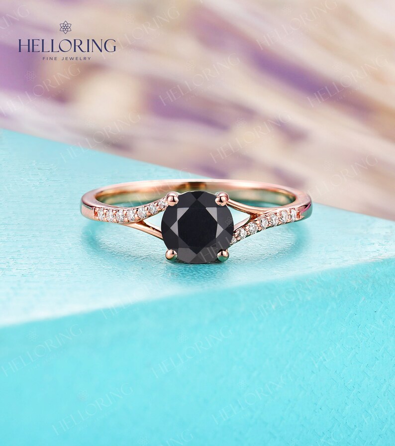 Vintage Round Cut Black Onyx Engagement Ring Set Rose Gold Pear Cut Moissanite Curved Wedding Band Unique Cluster Pave Ring Promise Ring image 8