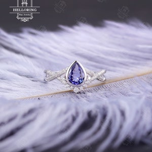 Tanzanite Engagement ring set white gold Vintage wedding ring Pear cut Art deco Curved diamond Moissanite band Anniversary Promise ring image 7