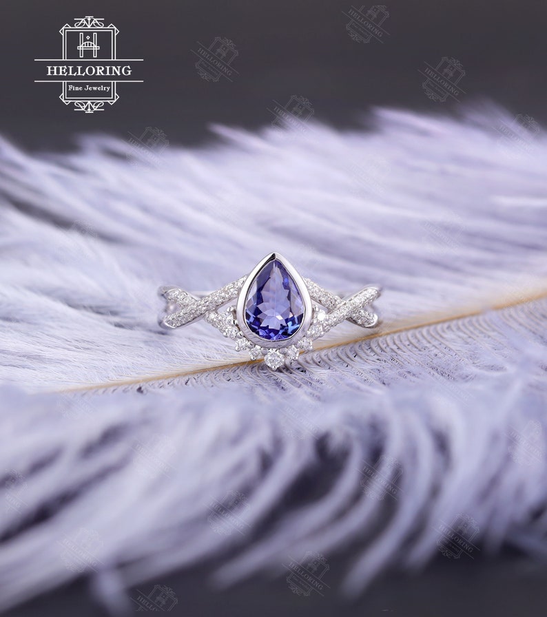 Tanzanite Engagement ring set white gold Vintage wedding ring Pear cut Art deco Curved diamond Moissanite band Anniversary Promise ring image 7