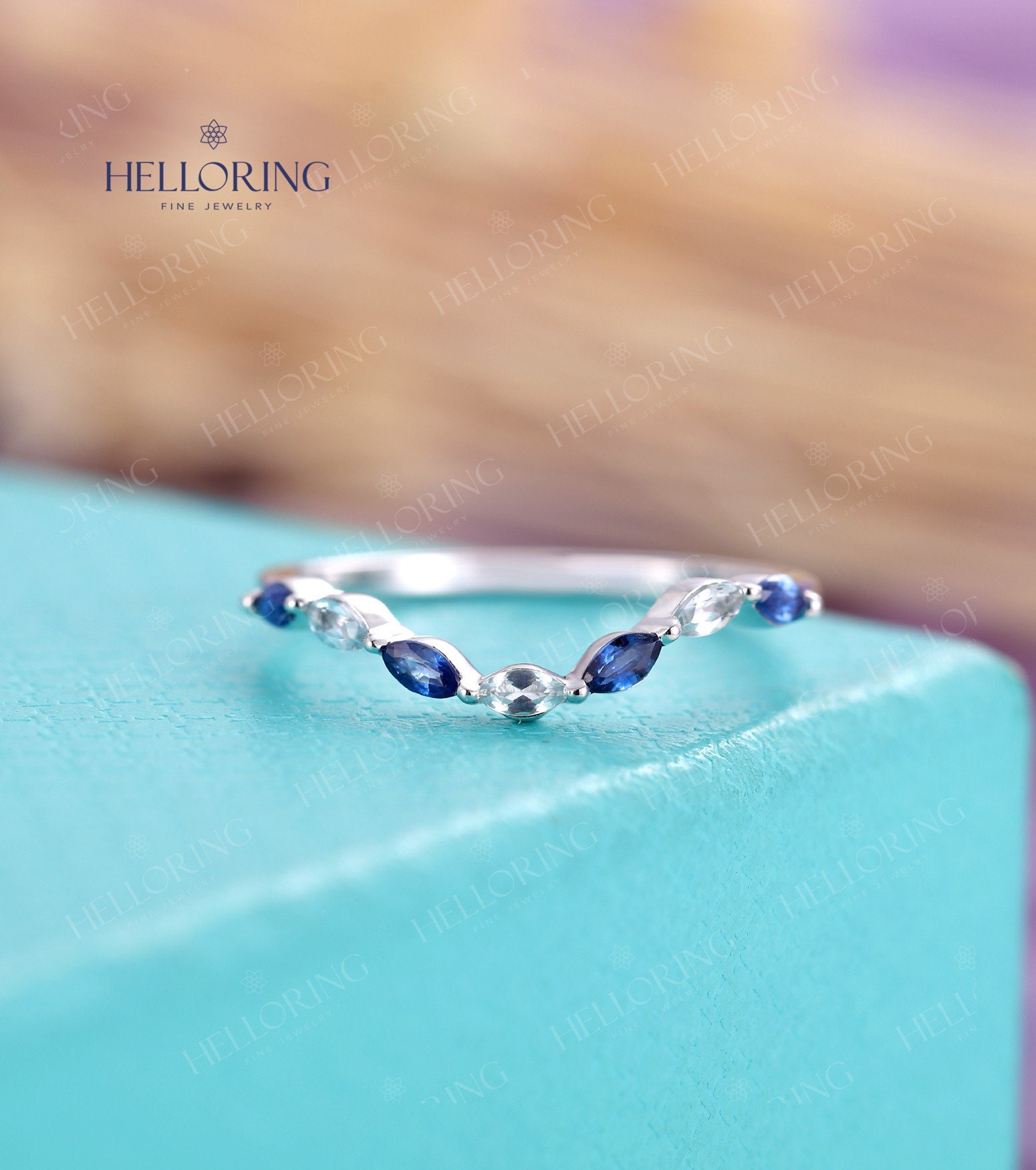 Aquamarine Sapphire Wedding Band White Gold Marquise Cut Vintage