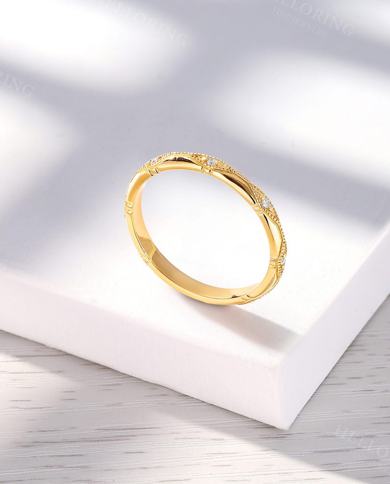 Vintage Diamond Wedding Band, Solid Gold, Unique Milgrain Band, Stackable Matching Anniversary Ring for Women image 5