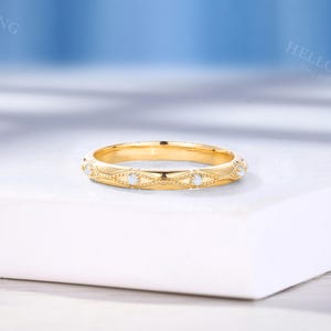 Art Deco Opal Wedding Band: Rose Gold Stacking Engraved Bridal Ring, Birthstone Anniversary Promise Ring image 7