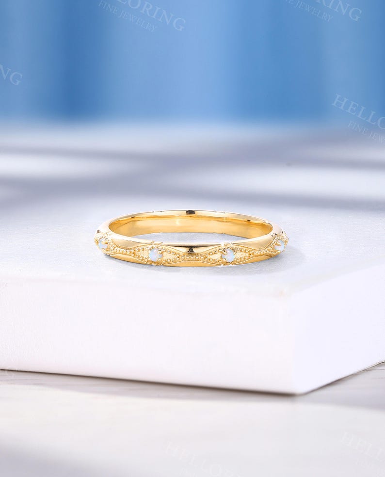 Art Deco Opal Wedding Band: Rose Gold Stacking Engraved Bridal Ring, Birthstone Anniversary Promise Ring image 7