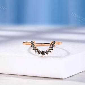 Vintage Pear Cut Black Onyx Engagement Ring, Half Eternity Band Ring, Halo Diamond Ring, Rose Gold Ring, Black Diamond Curved Wedding Band image 5