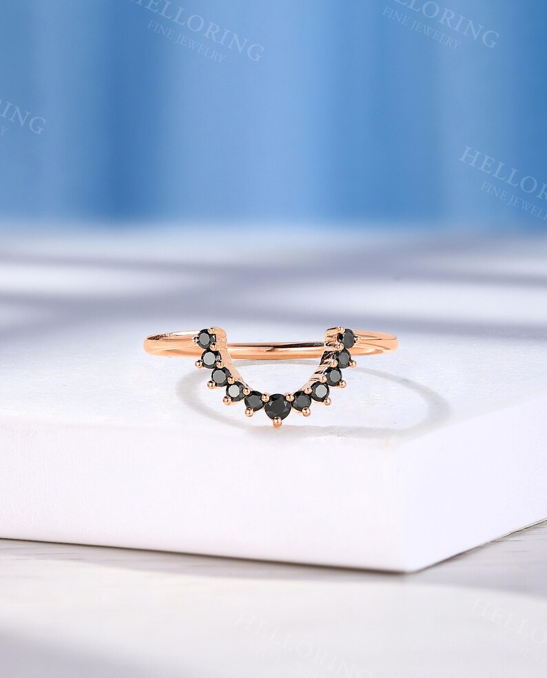 Vintage Pear Cut Black Onyx Engagement Ring, Half Eternity Band Ring, Halo Diamond Ring, Rose Gold Ring, Black Diamond Curved Wedding Band image 5
