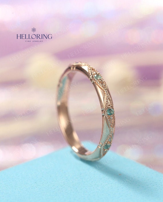 Art Deco Emerald Wedding Band Rose Gold Opal Wedding Band Women