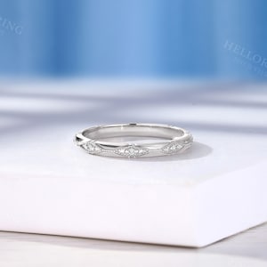 Vintage Diamond Wedding Band, Solid Gold, Unique Milgrain Band, Stackable Matching Anniversary Ring for Women image 12