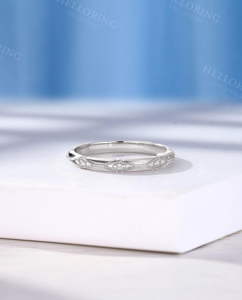 Vintage Diamond Wedding Band, Solid Gold, Unique Milgrain Band, Stackable Matching Anniversary Ring for Women image 12