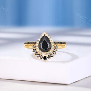 Vintage Pear Cut Black Onyx Engagement Ring, Half Eternity Band Ring, Halo Diamond Ring, Rose Gold Ring, Black Diamond Curved Wedding Band image 8