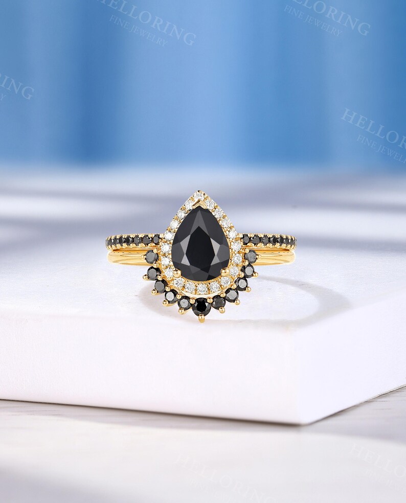 Vintage Pear Cut Black Onyx Engagement Ring, Half Eternity Band Ring, Halo Diamond Ring, Rose Gold Ring, Black Diamond Curved Wedding Band image 8