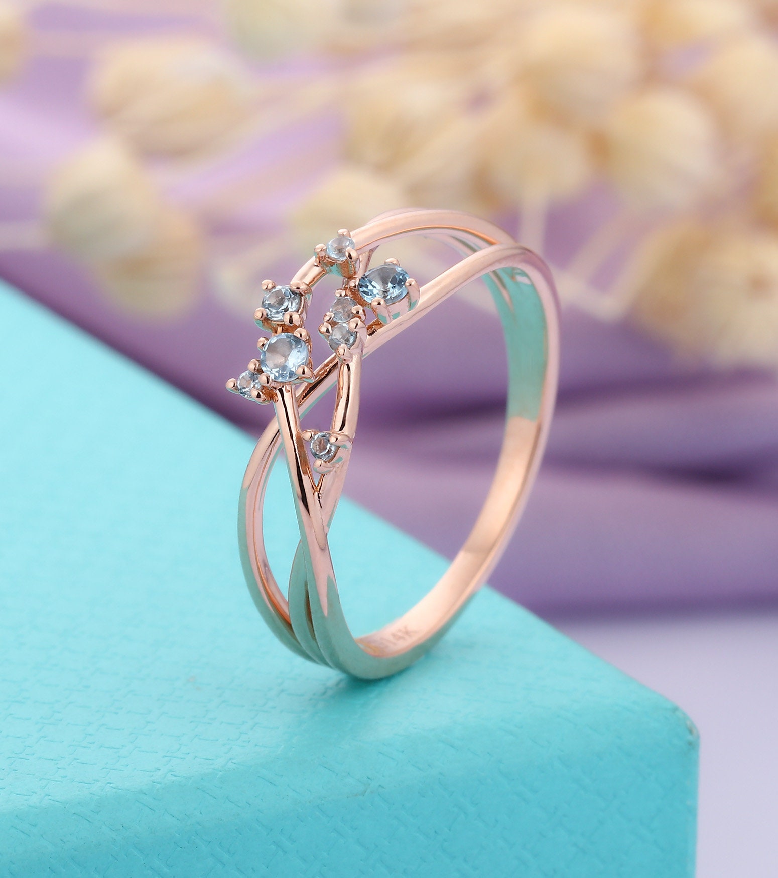 Blue Topaz Cluster Ring Vintage Rose goldDainty Promise | Etsy