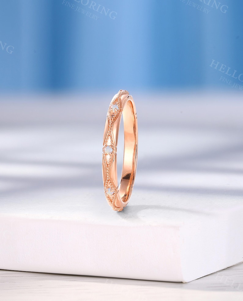 Art Deco Opal Wedding Band: Rose Gold Stacking Engraved Bridal Ring, Birthstone Anniversary Promise Ring image 1