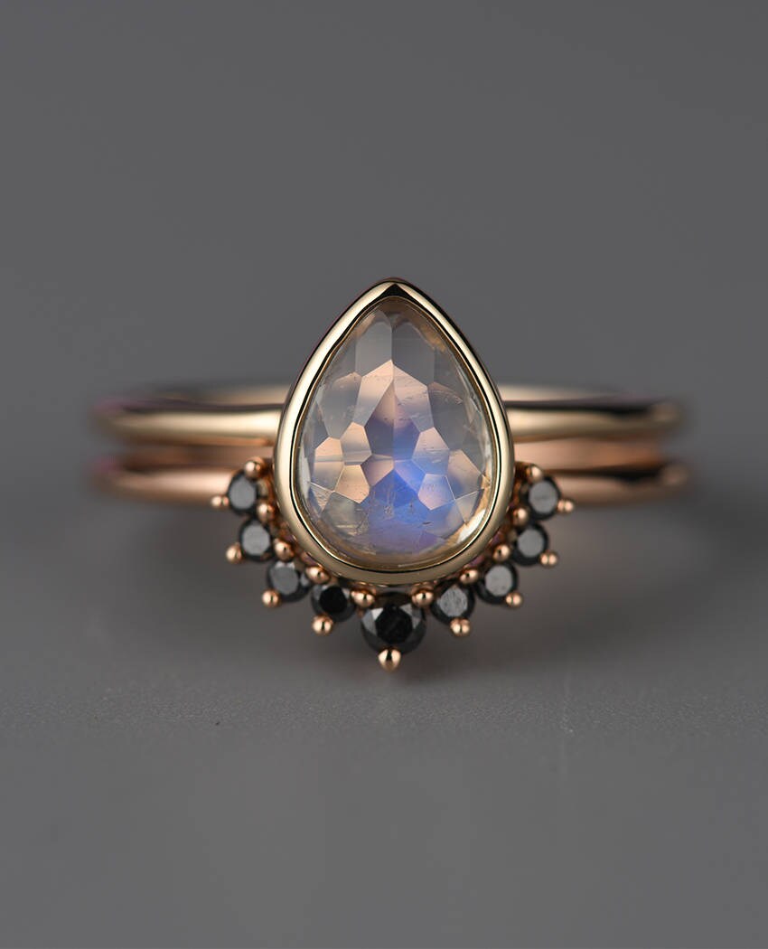 Moonstone Engagement Ring Black Diamond 14k Gold Vintage Etsy