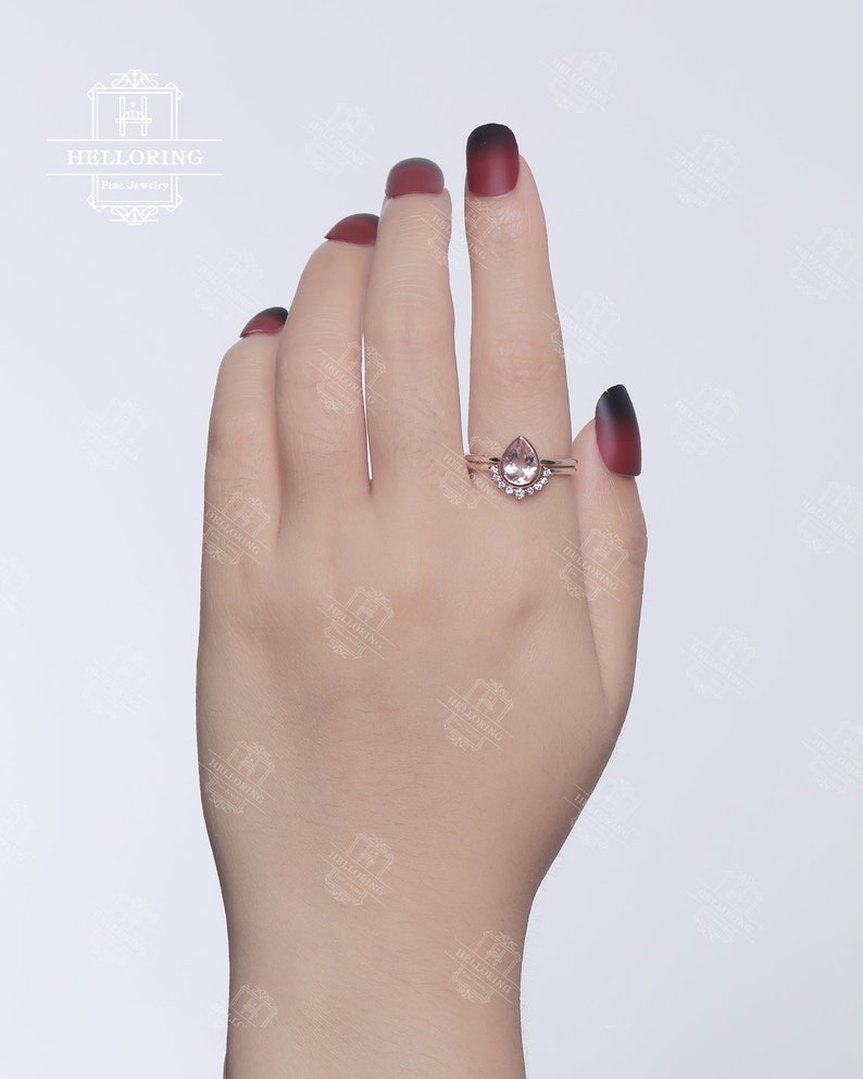 Morganite Engagement Ring set Vintage Rose Gold Diamond curved Wedding band Women Pear Shaped bezel set Stacking Anniversary ring image 8