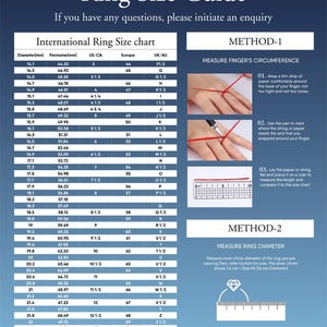 May include: A dark blue informational chart titled Ring Size Guide featuring an international ring size conversion table with columns for diameter in mm, perimeter in mm, US/CA, Europe, and UK/AU sizes, alongside two visual measurement methods.