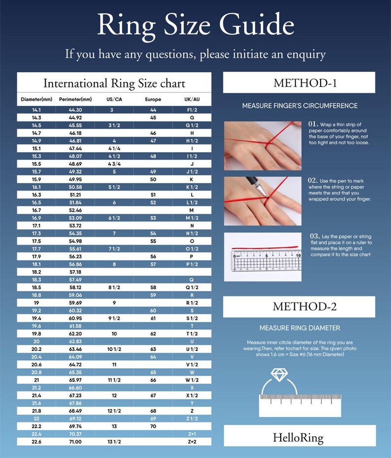 May include: A dark blue informational chart titled Ring Size Guide featuring an international ring size conversion table with columns for diameter in mm, perimeter in mm, US/CA, Europe, and UK/AU sizes, alongside two visual measurement methods.