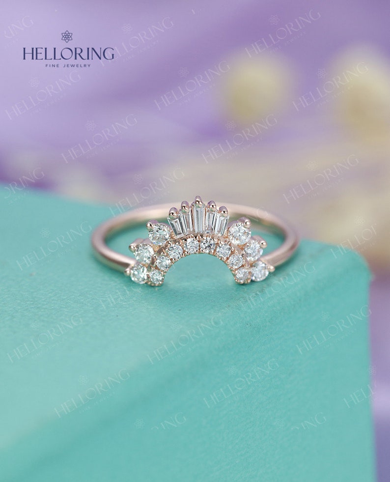 Vintage Diamond Curved Wedding Band Unique CZ Wedding Band Etsy