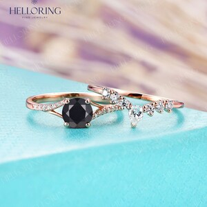 Vintage Round Cut Black Onyx Engagement Ring Set Rose Gold Pear Cut Moissanite Curved Wedding Band Unique Cluster Pave Ring Promise Ring image 5