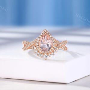 Vintage Pear Morganite Engagement Ring Set,Handmade Rose Gold Ring,Halo Moissanite / Diamond Wedding Band,Women Art Deco Twisted Bridal Ring