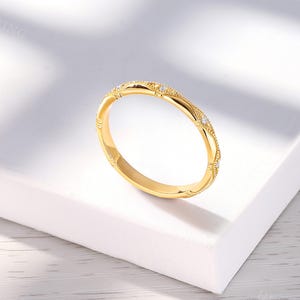 Vintage 18K Rose Gold Milgrain Wedding Band, Art Dec Diamond Ring, Stackable Matching Rings for Women image 5