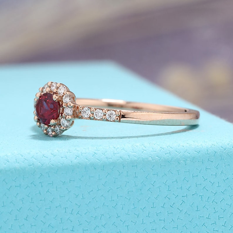 Ruby Engagement Ring rose gold curved wedding band Art Deco Unique Vintage Diamond July birthstone Bridal set Women Anniversary ring image 4