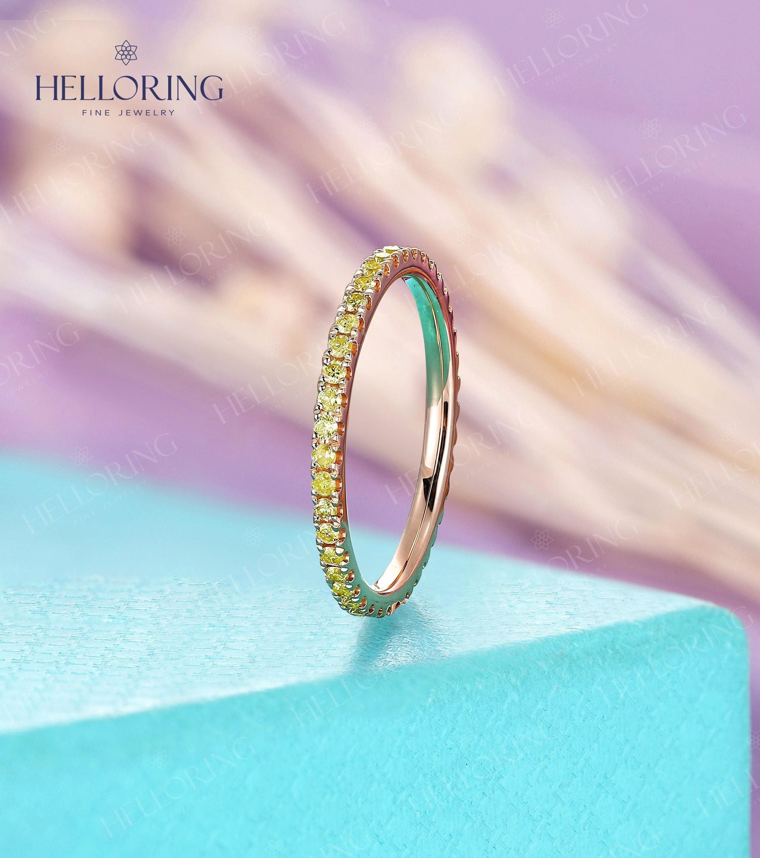Yellow Diamond Wedding Band  Full Eternity stacking Birthstone Bridal Micro Pave Everyday ring simple matching Promise Anniversary ring
