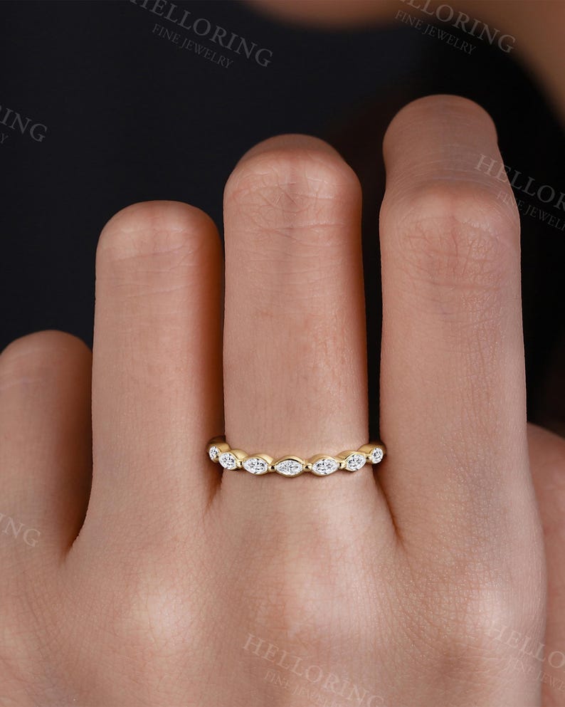 Vintage Marquise Cut Diamond Wedding Band, Rose Gold Half Eternity Ring, Matching Anniversary Ring image 2