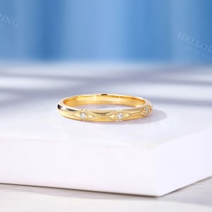 Vintage Diamond Wedding Band, Solid Gold, Unique Milgrain Band, Stackable Matching Anniversary Ring for Women image 4