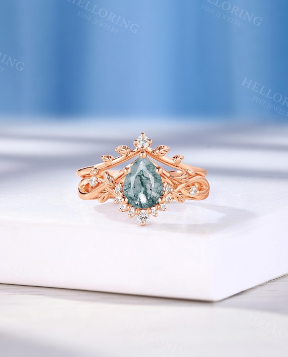 Buy Nature Inspired Pear Moss Agate Engagement Ring Set,twist Leaf
