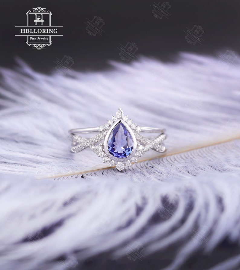 Tanzanite Engagement ring set white gold Vintage wedding ring Pear cut Art deco Curved diamond Moissanite band Anniversary Promise ring image 1