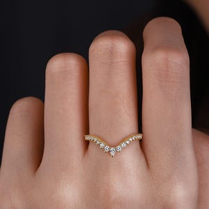 Solid Gold Curved Wedding Band, Pear Diamond Moissanite Wedding Band, Chevron Stackable Matching Band, Unique Band Promise Anniversary Band image 2