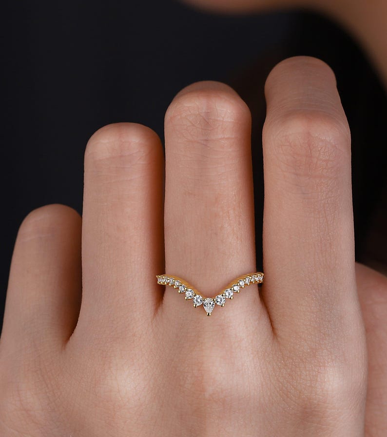 Solid Gold Curved Wedding Band, Pear Diamond Moissanite Wedding Band, Chevron Stackable Matching Band, Unique Band Promise Anniversary Band image 2