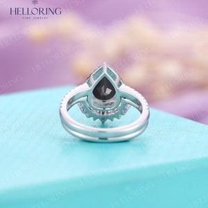 Black Onyx Sapphire engagement ring set Rose gold Pear cut wedding ring vintage Halo diamond moissanite ring Anniversary Promise ring image 6