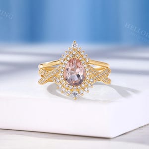 Vintage Pear Morganite Engagement Ring Set,Handmade Yellow Gold Ring,Halo Moissanite / Diamond Wedding Band,Women Art Deco Twisted Bridal Ring