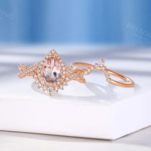 Vintage Pear Morganite Engagement Ring Set,Handmade Rose Gold Ring,Halo Moissanite / Diamond Wedding Band,Women Art Deco Twisted Bridal Ring