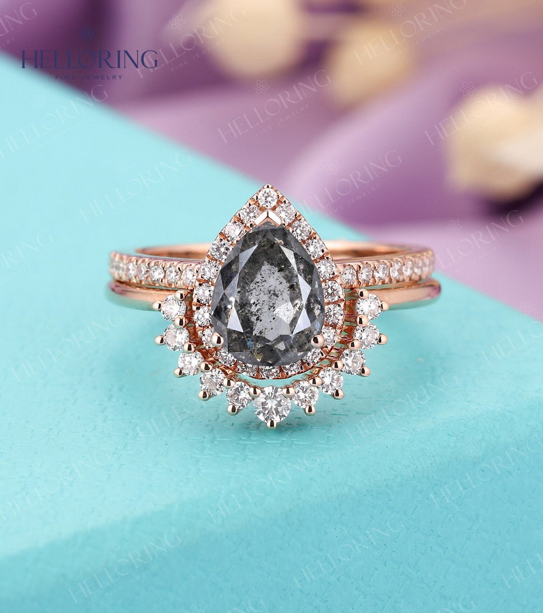 Salt and Pepper Diamond Engagement Ring Set Rose Gold Wedding Ring 