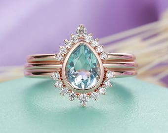3Stk Aquamarin Verlobungsring Roségold Vintage Diamant Ehering Set Braut Schlicht Pear Cut Stapeln geschwungene Bänder Jubiläumsring