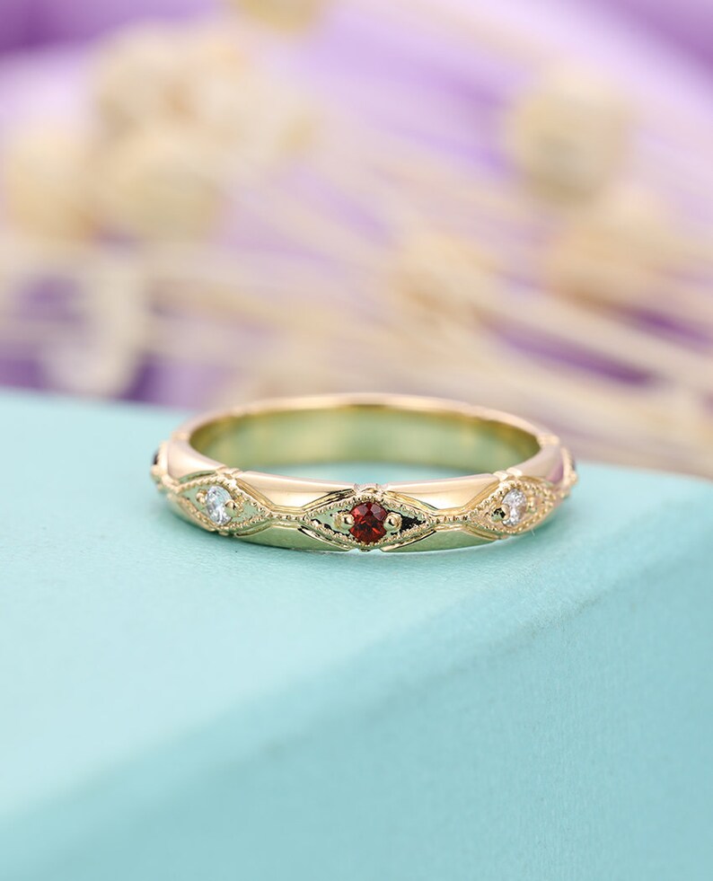 Garnet Wedding Band Diamond Wedding Band Women Vintage Antique - Etsy