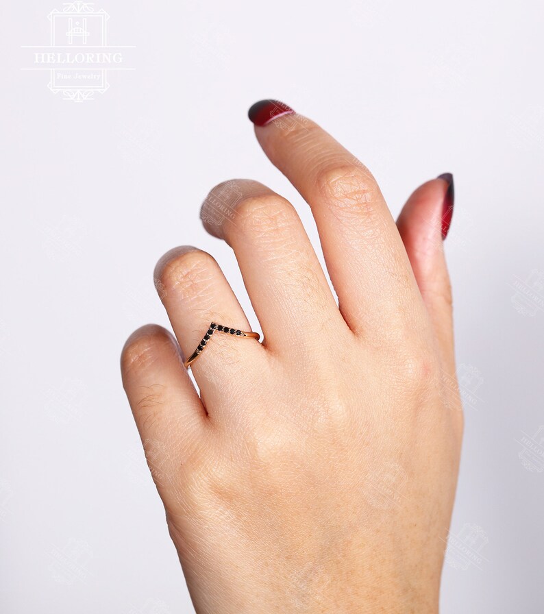 Vintage Black Diamond curved chevron wedding band women Unique Jewelry Art deco Bridal set Antique Promise Anniversary gift for her