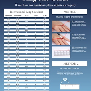 May include: A ring size guide chart with two methods for measuring ring size. The first method uses a strip of paper to measure finger circumference. The second method uses a ruler to measure the inner diameter of a ring. The chart includes measurements in millimetres, US ring sizes, European ring sizes, and UK/AU ring sizes.