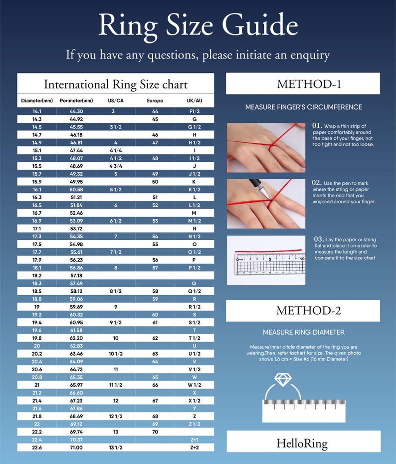 May include: A ring size guide chart with two methods for measuring ring size. The first method uses a strip of paper to measure finger circumference. The second method uses a ruler to measure the inner diameter of a ring. The chart includes measurements in millimetres, US ring sizes, European ring sizes, and UK/AU ring sizes.