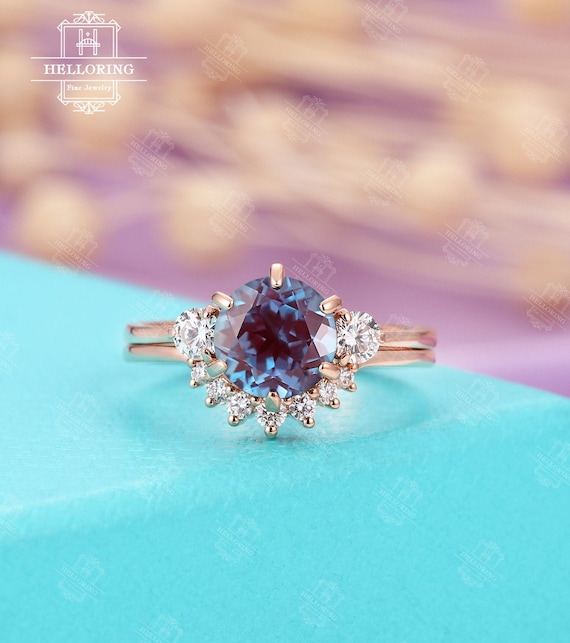 Vintage Alexandrite Engagement Ring Set Simple Moissanite Etsy