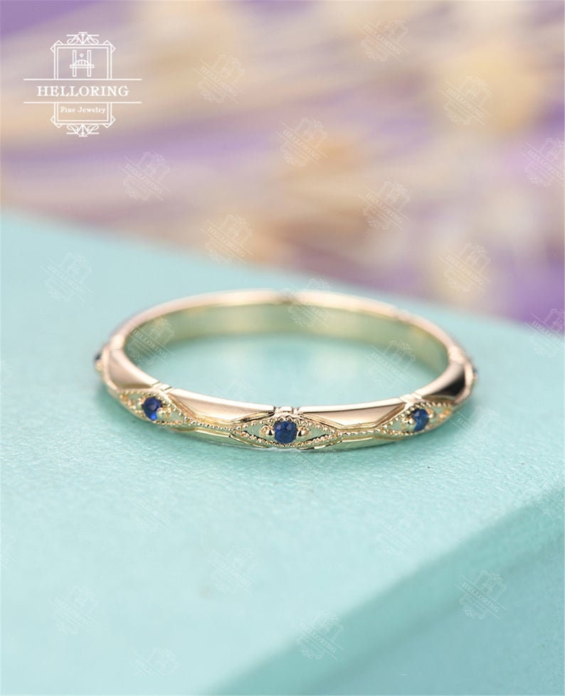 Vintage Sapphire wedding band Rose gold band Unique straight Matching band Art deco Bridal band half eternity Anniversary band image 6