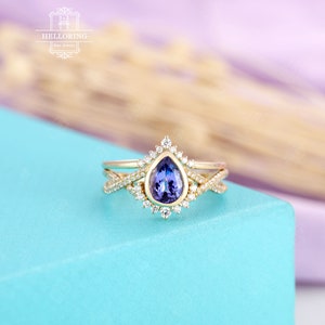 Tanzanite Engagement ring set white gold Vintage wedding ring Pear cut Art deco Curved diamond Moissanite band Anniversary Promise ring image 9